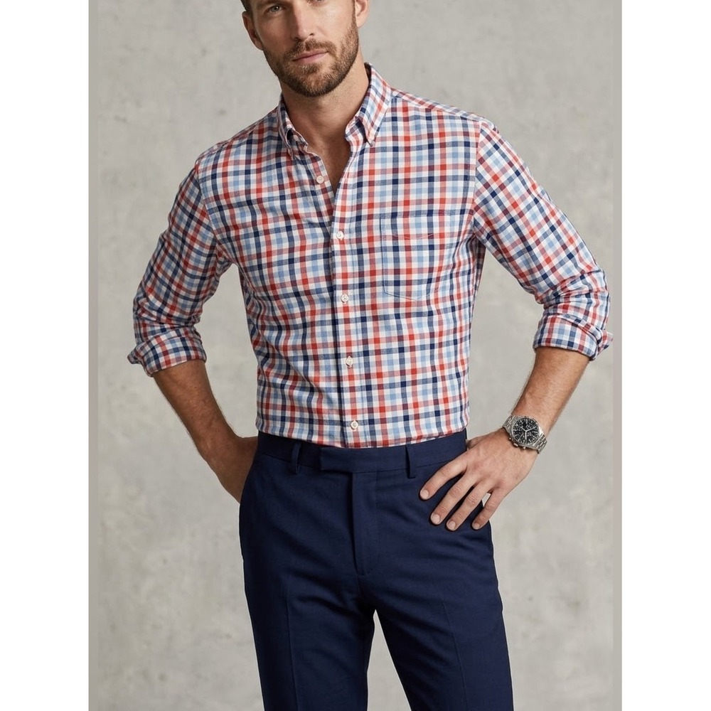 J.Crew Mens‎ Red Blue White Gingham Check Cotton Button Down Shirt 06394 Size M
